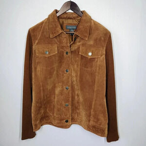 Relativity Brown Suede Leather Trucker Jacket Ribbed Knit Sleeves Size Large